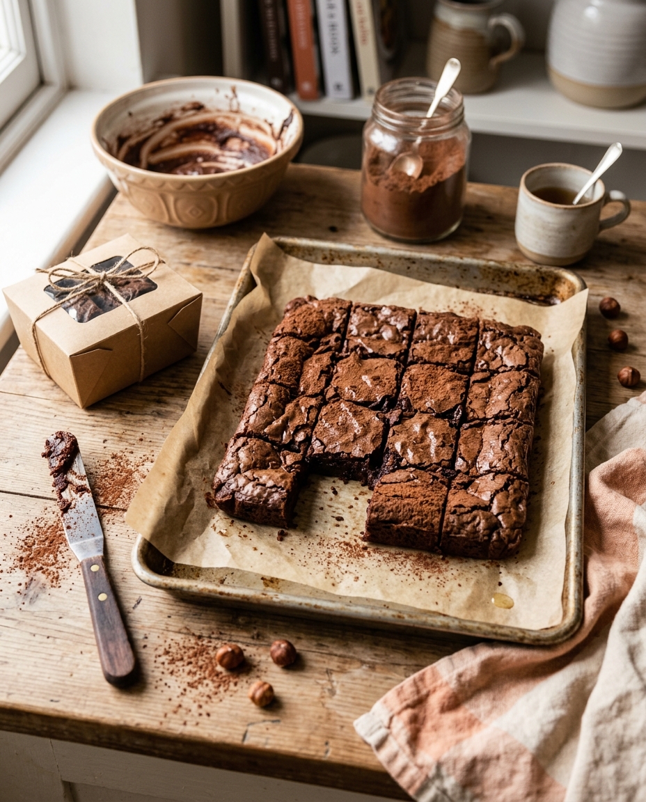 Tray of freshly baked dark chocolate brownies